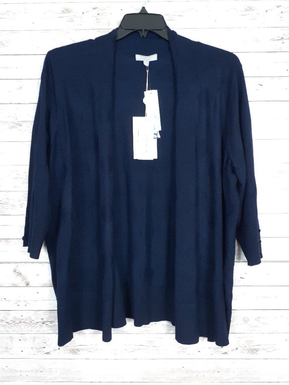 Evolution by Cyrus Womens Knit Cardigan 1X Open Front Dot Pattern Navy Blue 820A